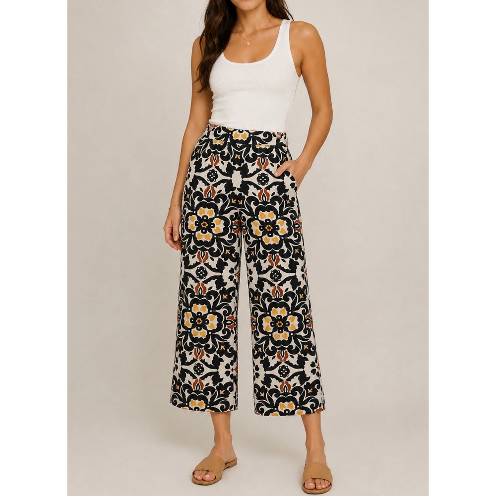 Boden Women's Cropped Ankle Printed Medallion Floral Black Yellow Pants 6